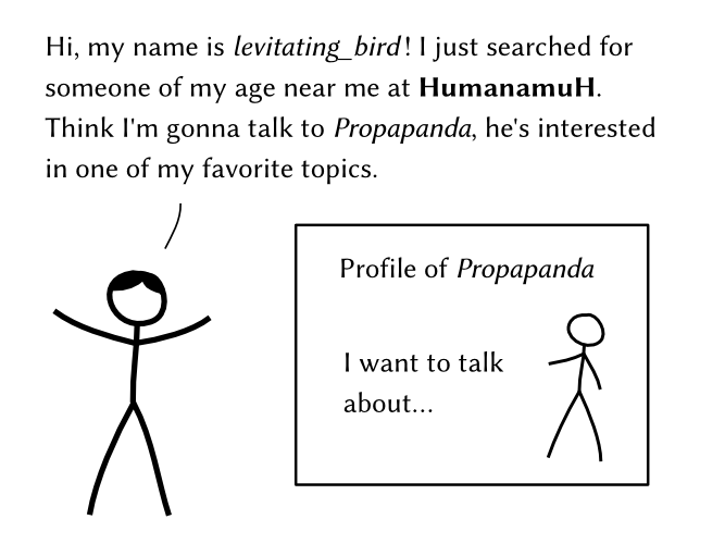 Hi, my name is levitating_bird! I just searched for someone of my age near me at HumanamuH. Think I’m gonna talk to Propapanda, he’s interested in one of my favorite topics. – Profile of Propapanda: I want to talk about…